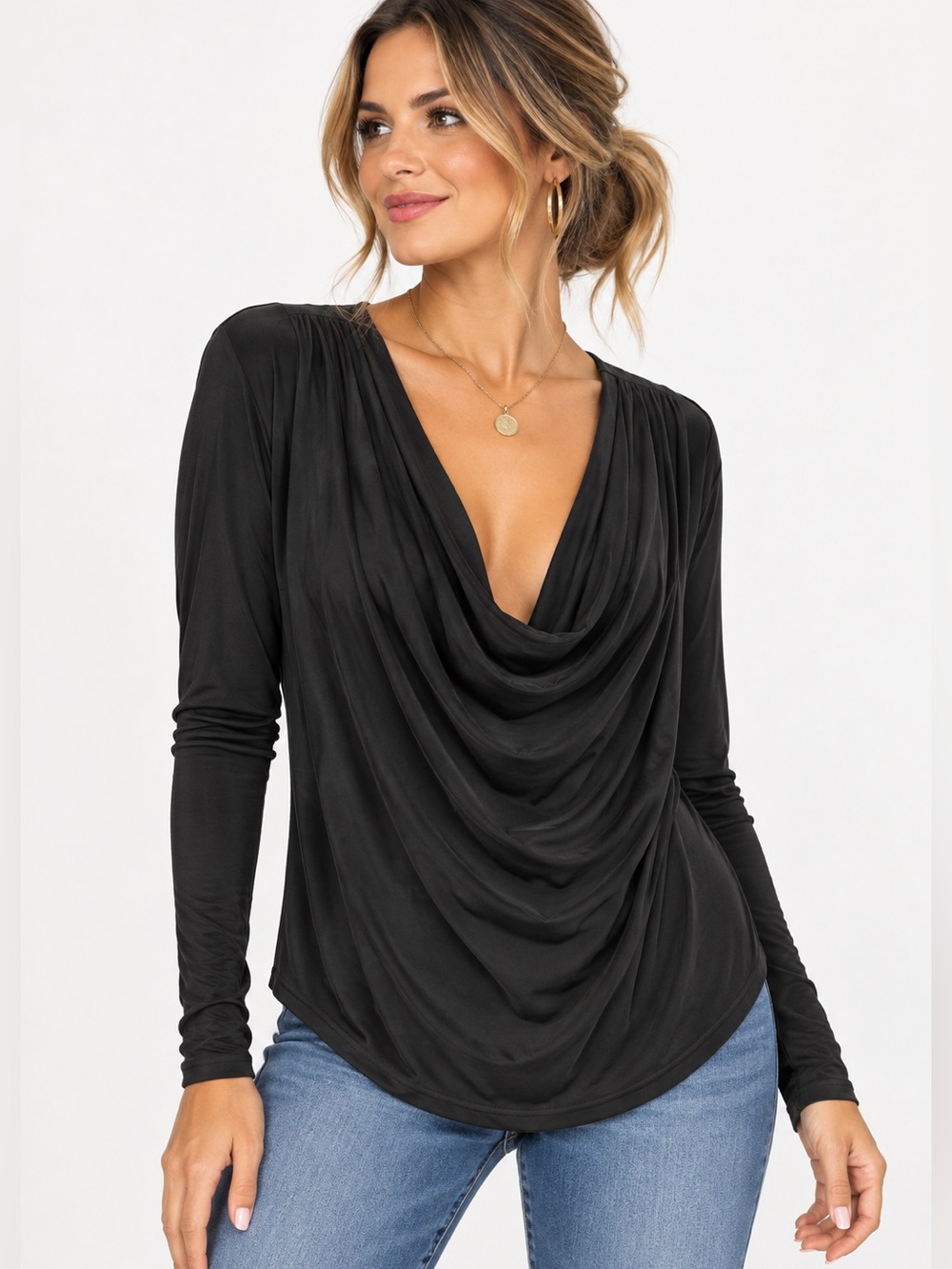 NWT Free People Black Jane Long Sleeve Draped Cowl Neckline Top Sz L